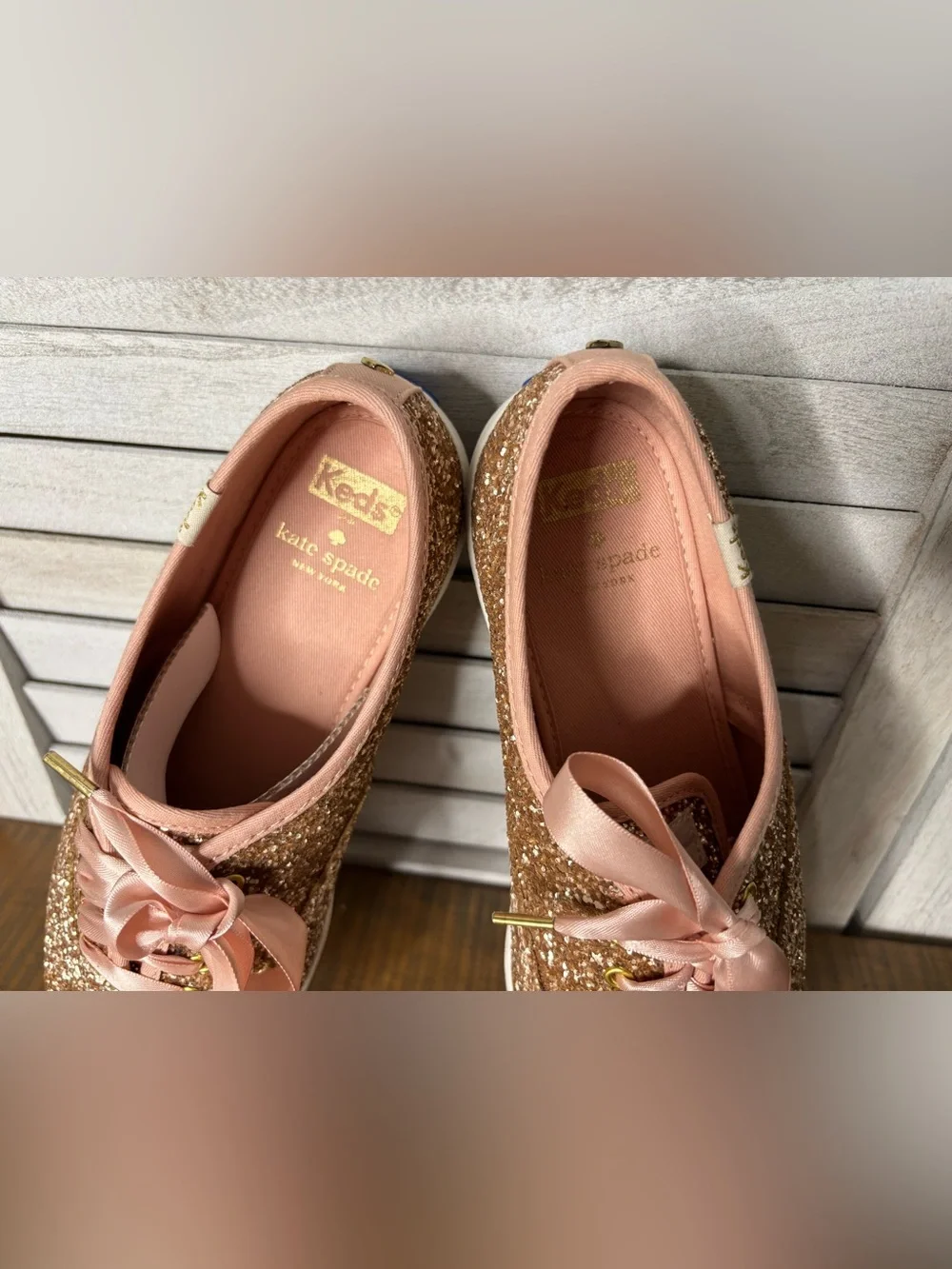 Keds x Kate Spade Champion Rose Gold Glitter Sneakers Box Extra Laces Women’s 7